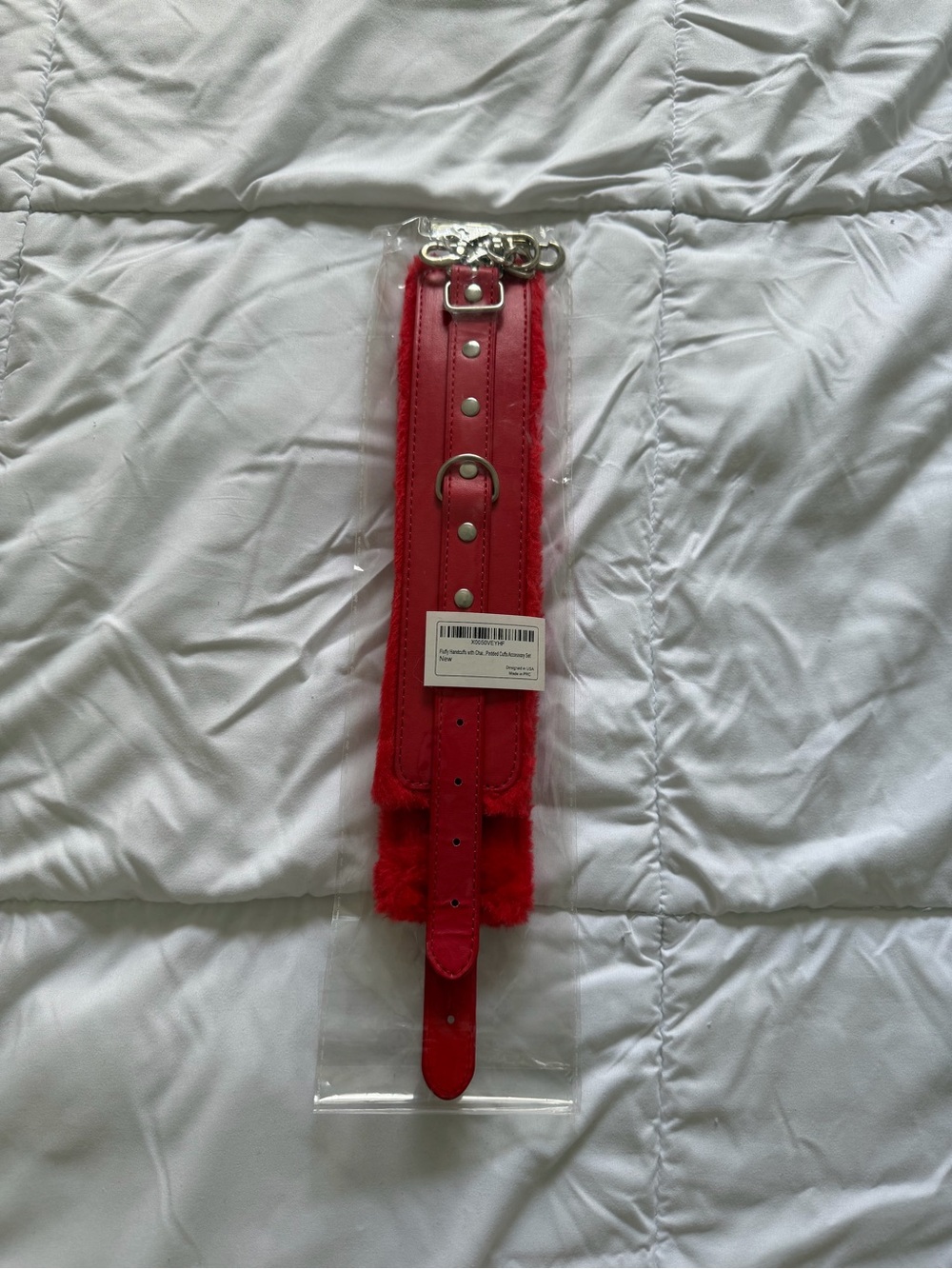 Amazon Red Faux Leather and Fur Handcuffs with Silver Hardware